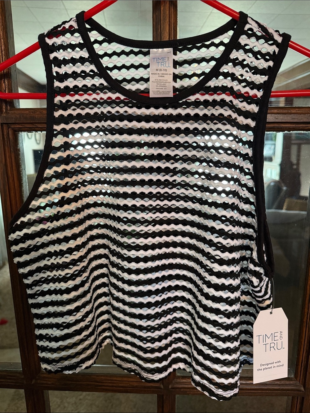 Time and Tru Missy Coverup Tank Top Black White Striped Mesh Perforated Size M‎